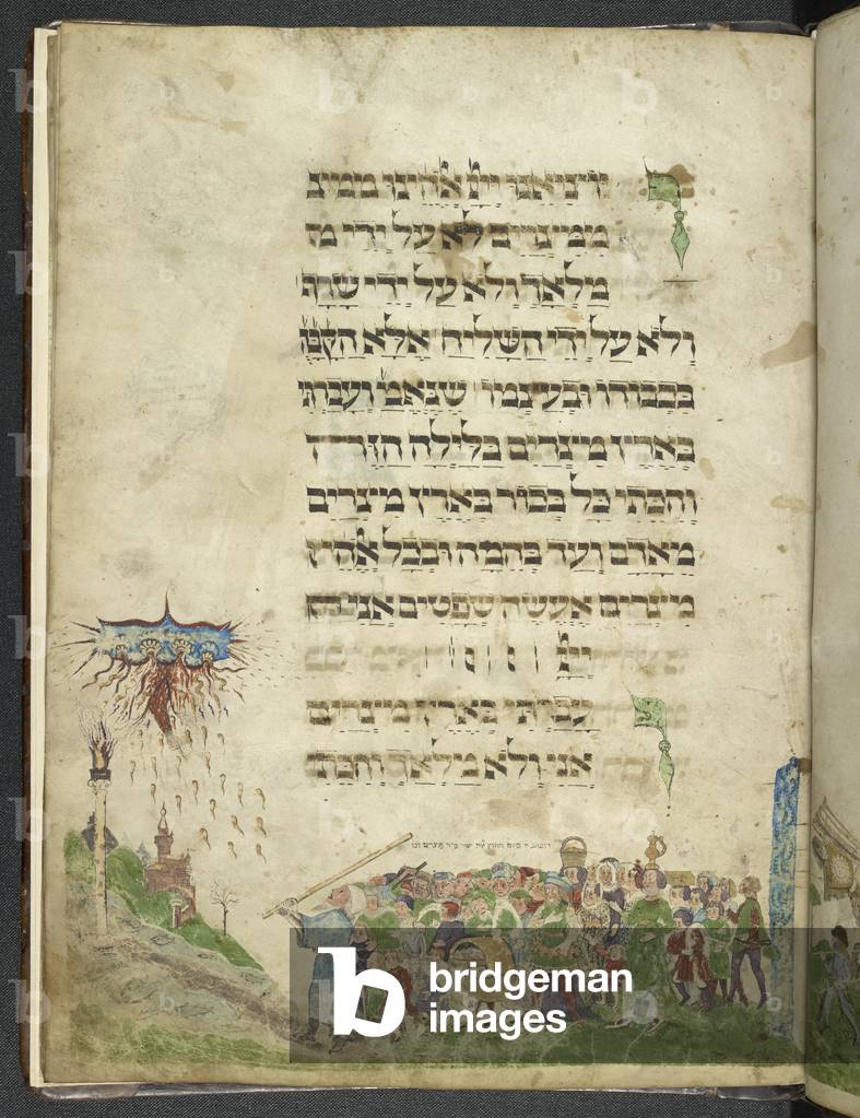 MS Add. 14762, f.14v Exodus und Kreuzung des Roten Meeres, von der 'Aschkenasi Haggadah', um 1460 (Pergament)