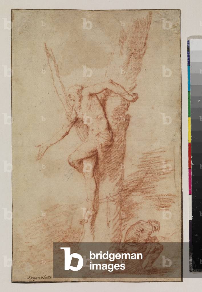 Man tied to a tree, and a figure resting, 1630-35 (red chalk on laid paper)