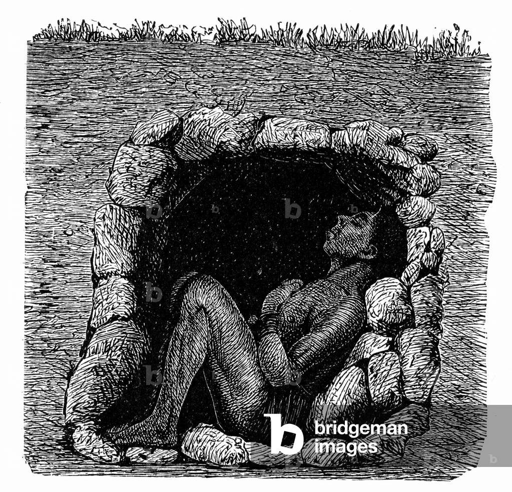 Bild von Gravur "Beerdigung: Grab des Zulu-Häuptlings: Leiche in sitzender Position in einer mit Steinen ausge