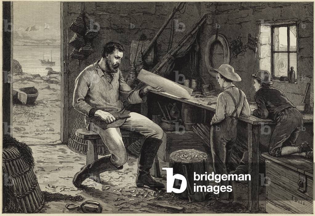 Immagine di Incisione "Una lezione di costruzione di barche (incisione)" 1801 di English School, b/w