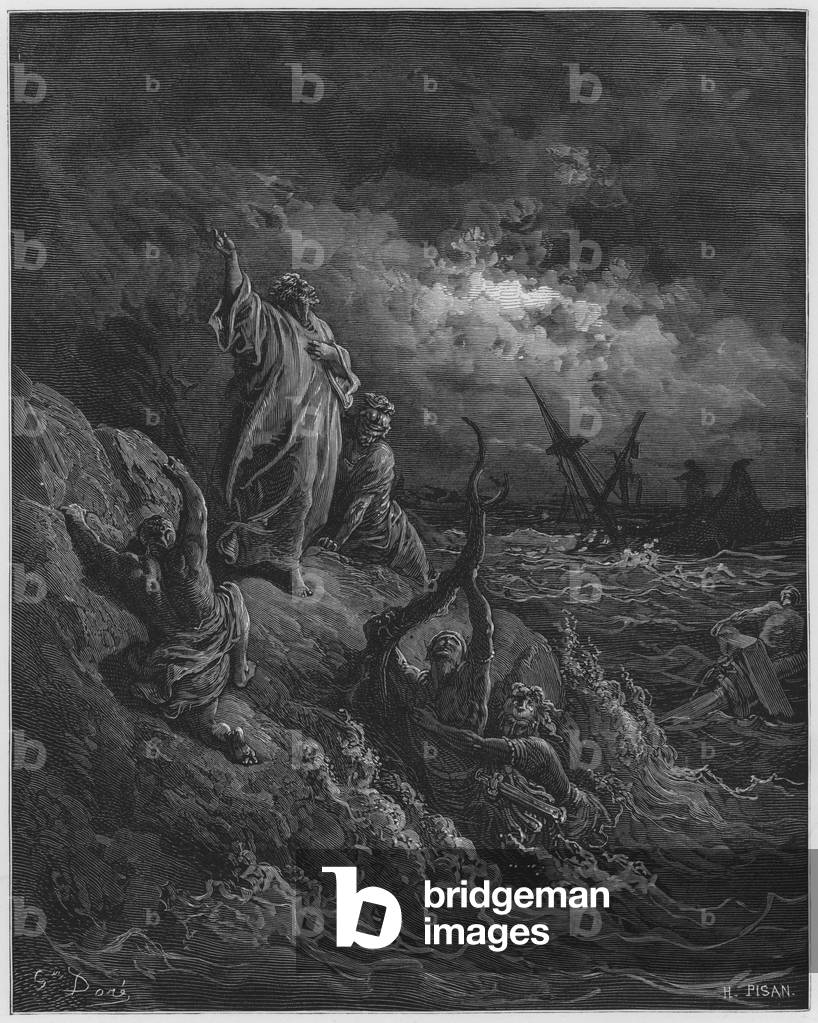 "Gustave Dore Bibbia: S Paul naufragato (incisione)" di Gustave Dore, b/w