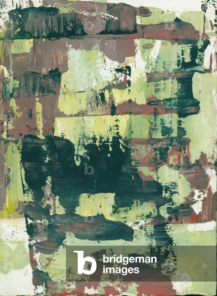 Astratto in blu scuro, rosso, marrone, verde e giallo, anni '50 (olio su carta)