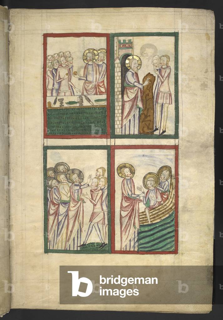 Quatre miniatures : 1. le Miracle des pains et des poissons ; 2. Le Christ guérit les aveugles ; 3. le miracle