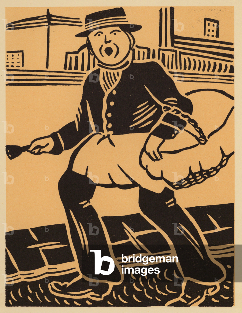 Image of Print depicting Old London: Muffin man (woodcut) 1901 by Raphael Nelson