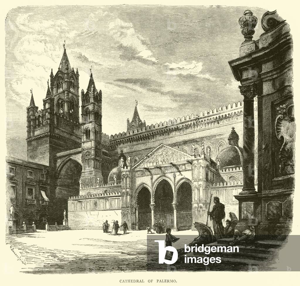 Cathédrale de Palerme (gravure) par English School, b/w