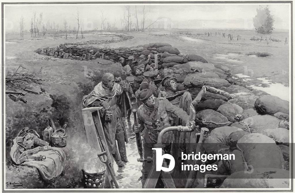 Image of Print depicting Fighting in the flooded trenches: how the British troops repel the enemy under very t