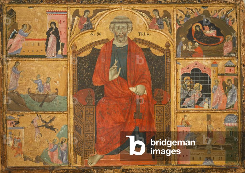 Image of Painting depicting Saint Peter on a throne surrounded by biblical scenes (painting on wood) 1201 by A