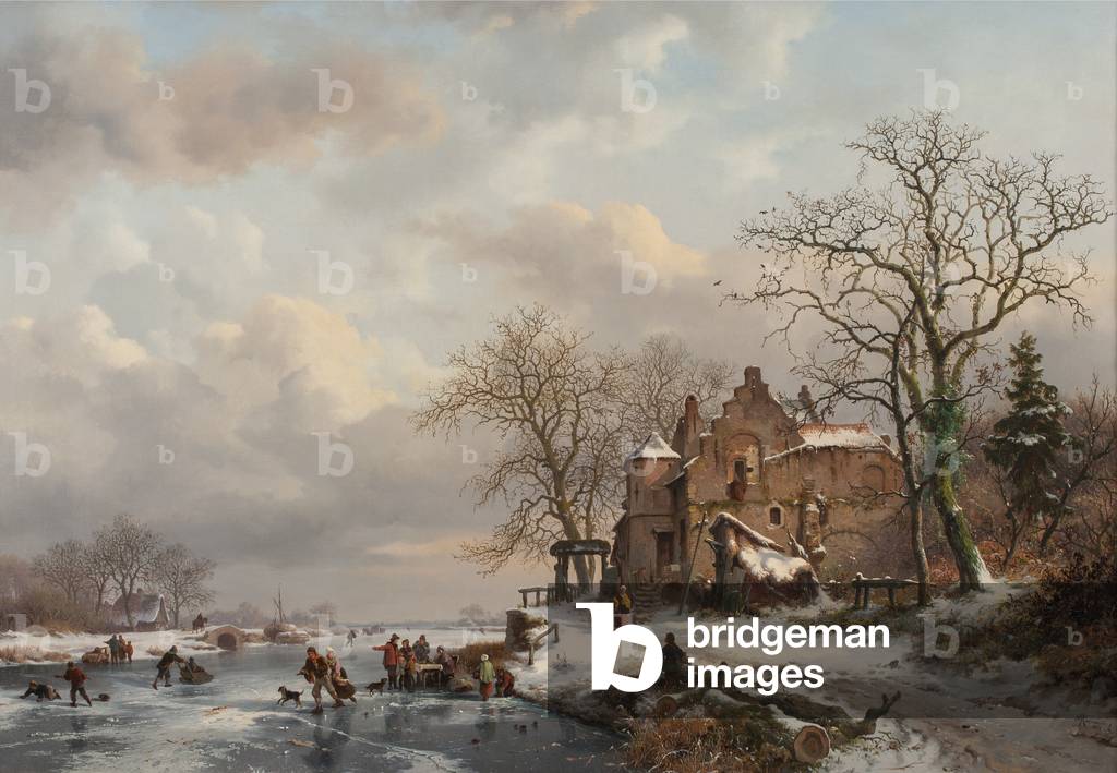 Un paesaggio invernale con pattinatori su un fiume congelato, 1862 (olio su tela)