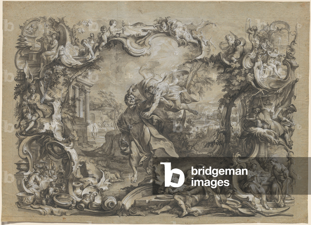 Image of Drawing depicting The Angel Carrying off Habakkuk by His Hair 1750 by Johann Wolfgang Baumgartner