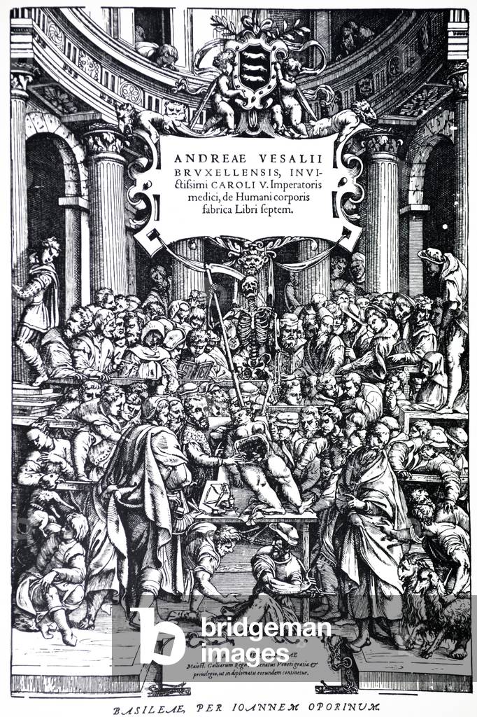 "Titelseite der zweiten Ausgabe des “De Humani Corporis Fabrica”" 1754 von Andreas Vesalius, b/w