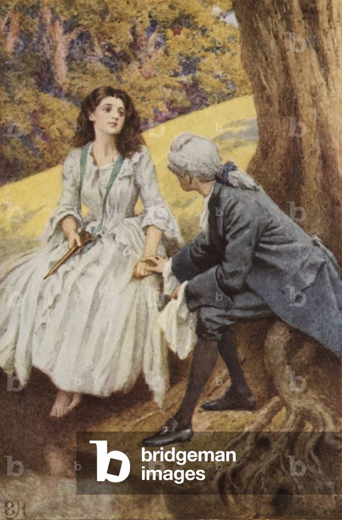 "Illustrazione per Un viaggio sentimentale di Laurence Sterne (color litho)" di Everard Hopkins