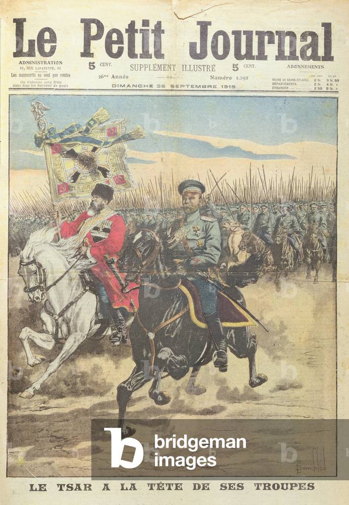 Bild von Druck "Zar Nikolaus II. von Russland an der Spitze seiner Truppen", 1915 von Louis Charles Bombled