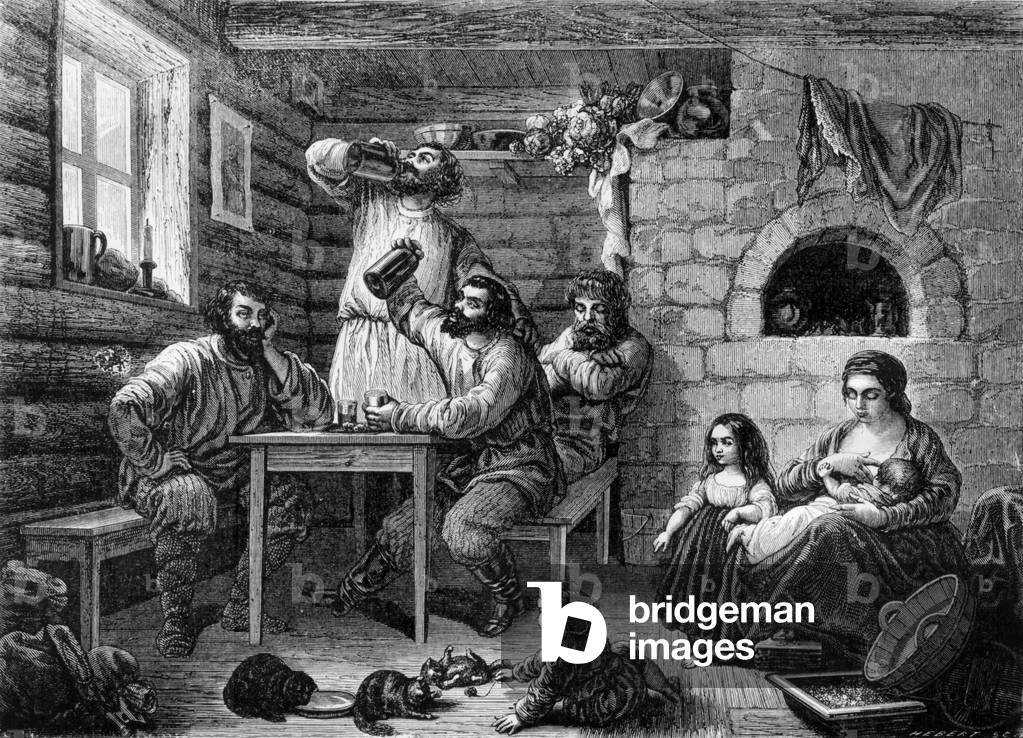 "Interno di una locanda russa con agricoltori bere" 1860, b/w