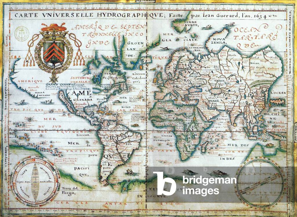 Mappa del mondo nautico del 1634 di Jean Guerard. L'Australia è suggerita ma ancora un territorio sconosciuto 