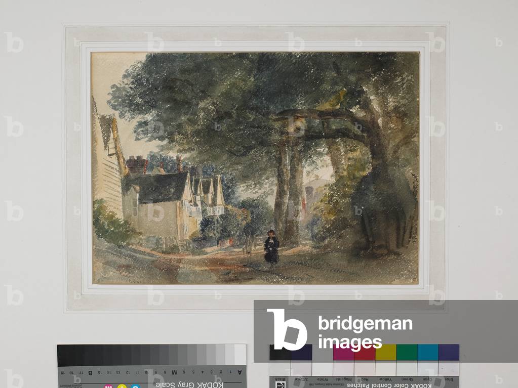 Immagine di Disegno "Una scena corsia con case e una figura", c.1838 di Peter de Wint