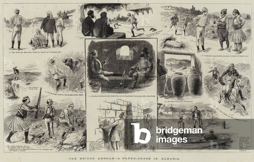 Il Briton all'estero, un Paper-Chase in Albania (incisione)