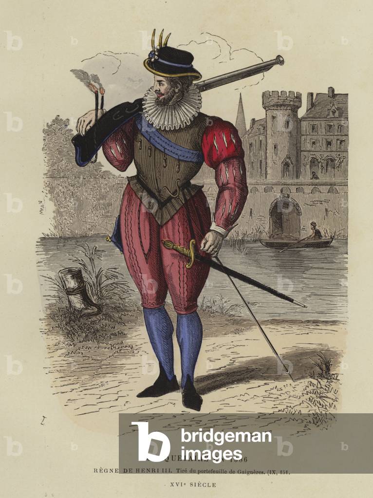 Musketier der Herrschaft Heinrich III. von Frankreich, 1586 (farbige Gravur)