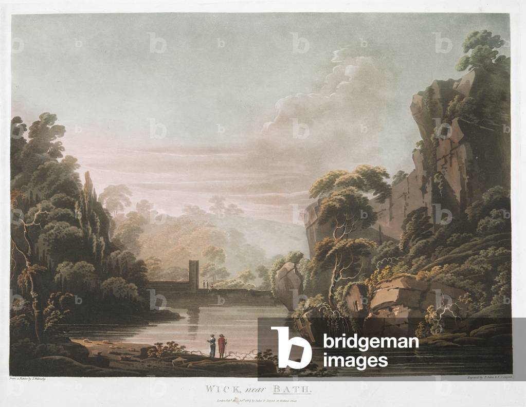 Figure in primo piano in piedi da un corpo di acqua; alberi e rocce su entrambi i lati; figure in mezzo terra 