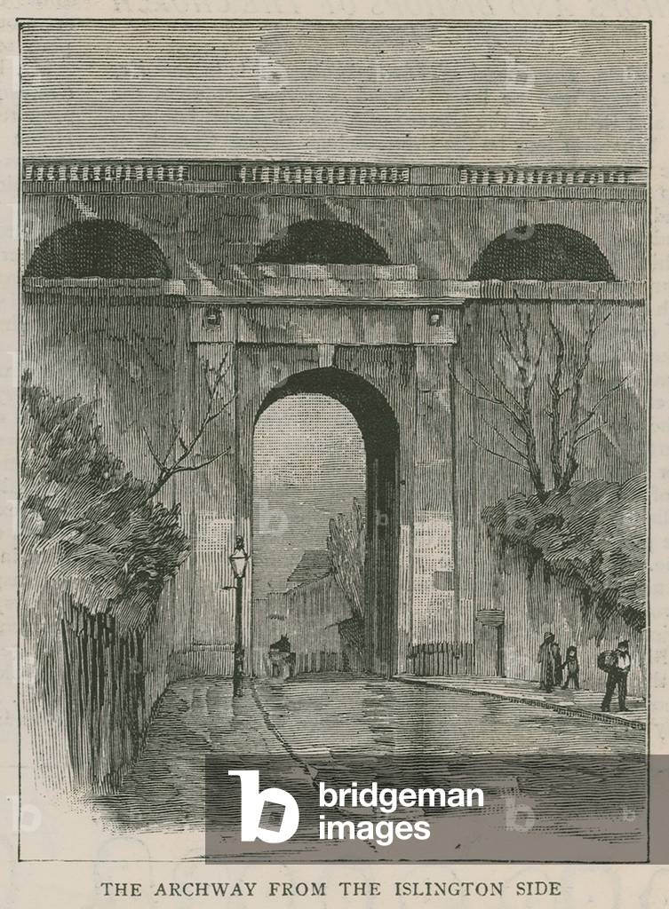 "Die neuen Anti-Selbstmord-Geländer am Highgate Archway: der Torbogen von der Islington-Seite (Gravur)" von En