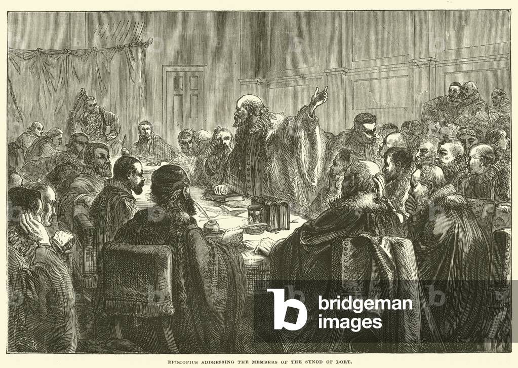 Episcopius addressing the Members of the Synod of Dort (engraving) by English Artist, b/w