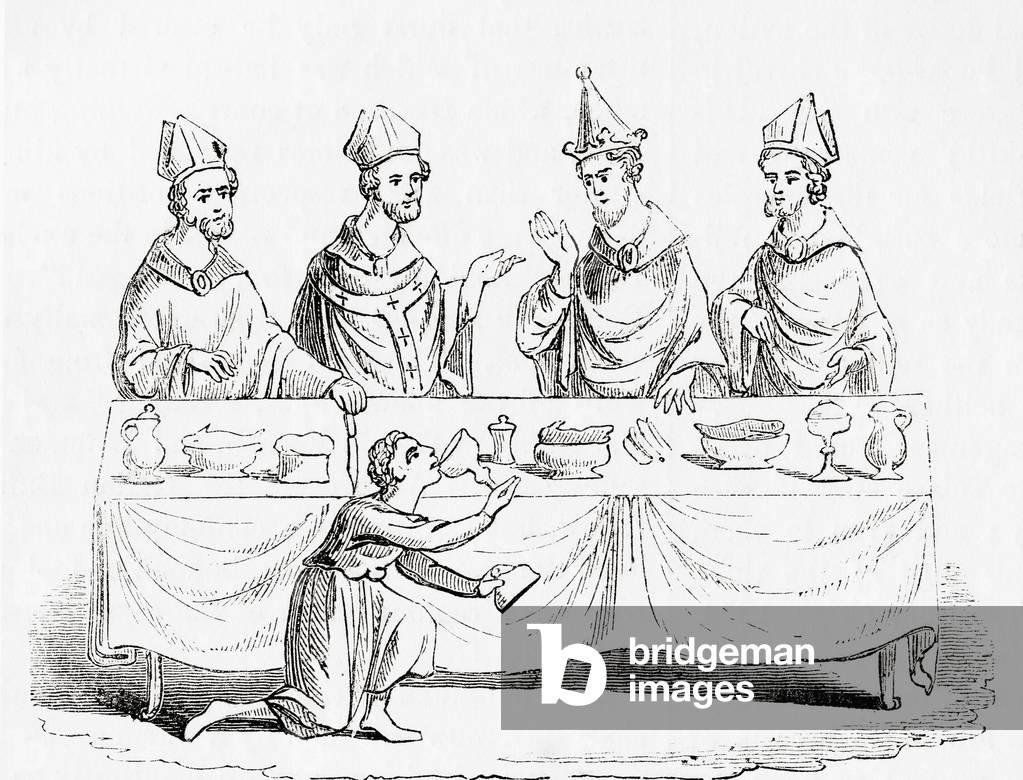Un servo, per evitare il tradimento, assaggia il vino prima di servirlo a tavola, da Old England: A Pictorial 