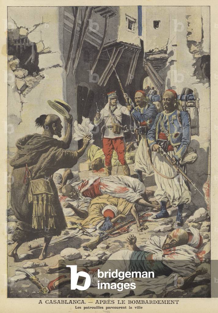 French soldiers patrolling Casablanca after the bombardment of the city (colour litho)