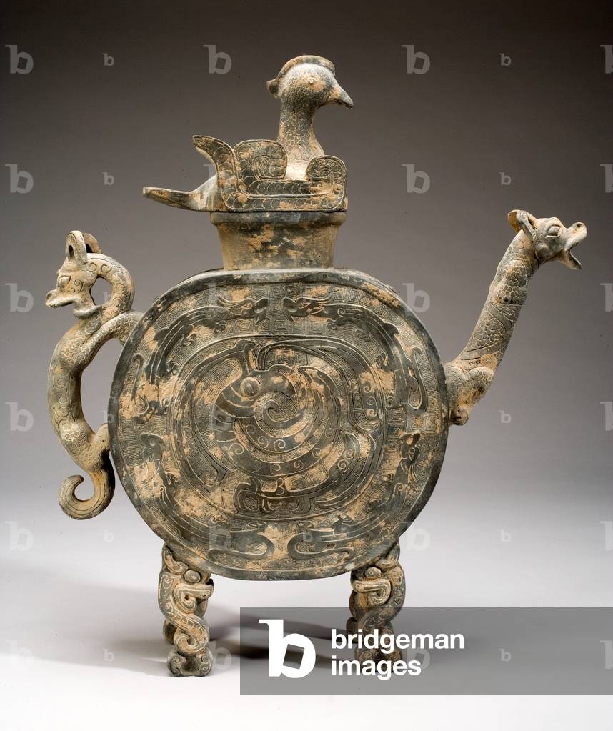 Flachkessel mit Drachen, Phönix und Ente, Warring States Period, 475-221 v. Chr. (Keramik)