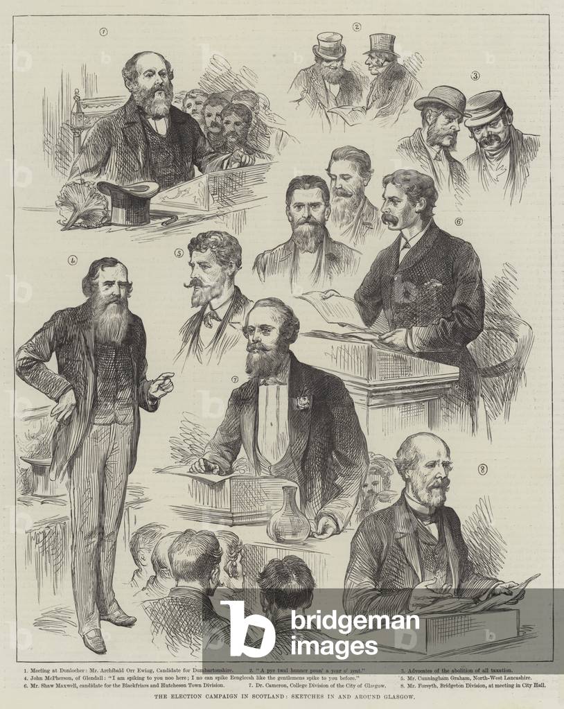 "Die Wahlkampagne in Schottland (Gravur)" 1885 von English School, b/w