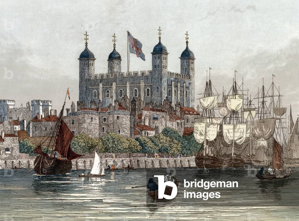 Torre di Londra sul Tamigi, 1840 circa, incisione