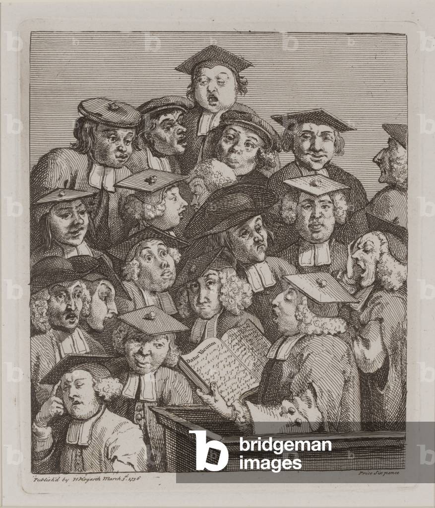Bild von Gravur "Gelehrte bei einer Vorlesung", 1736 von William Hogarth, b/w