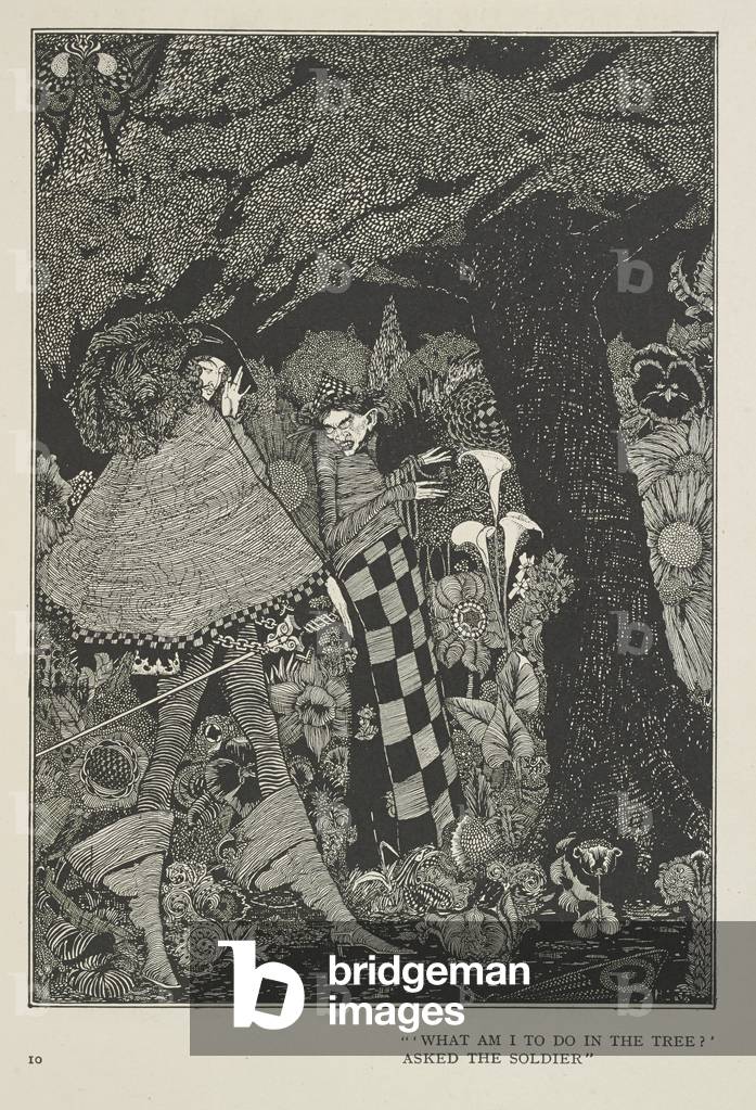Bild von Buch "Die Tinder Box
„Was soll ich mit dem Baum machen?“ fragte der Soldat." von Harry Clarke, b/w