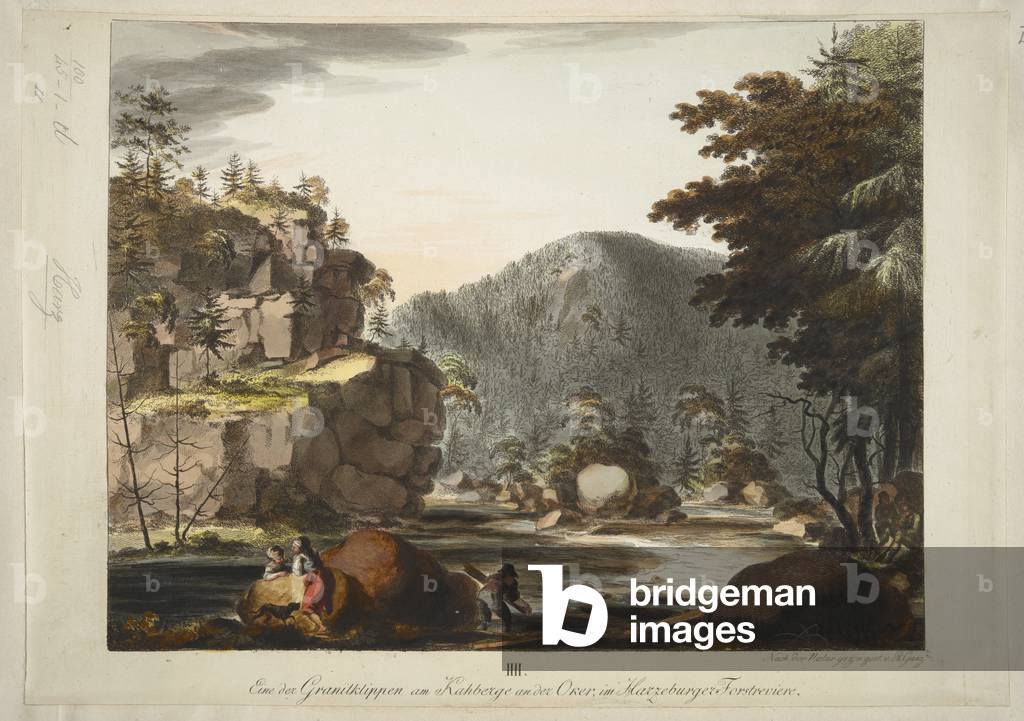 'Der Hübichenstein', 'Quattro vedute nella foresta di Harz' di Philipp Ganz, 1770-90 ca. (acquaforte colorata 