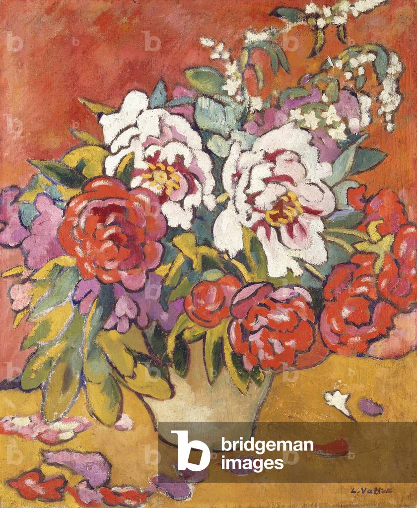 Immagine di Dipinto "peonie in un brocca contro un rosso sfondo", c.1918 di Louis Valtat