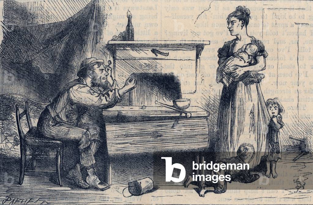 Betrunkener Arbeiter und Familie, Spitalfields, London, 1868.