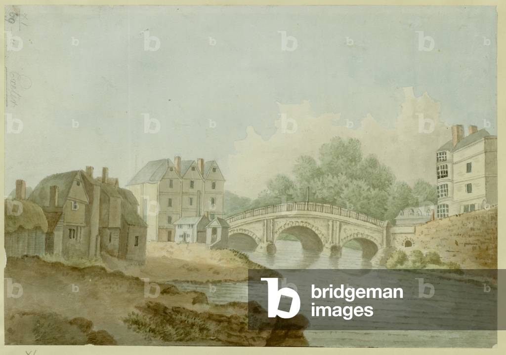A bridge over a river; buildings on either side