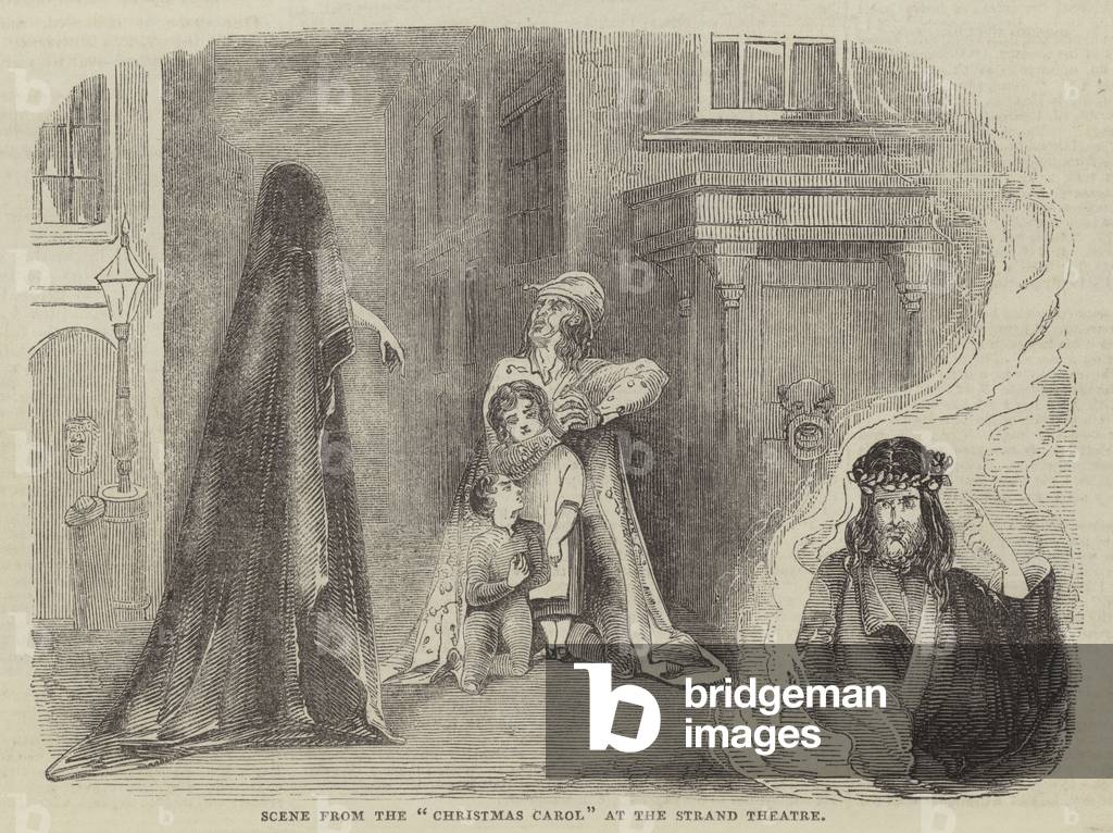 Scene from the "Christmas Carol" at the Strand Theatre (engraving) by English Artist, b/w