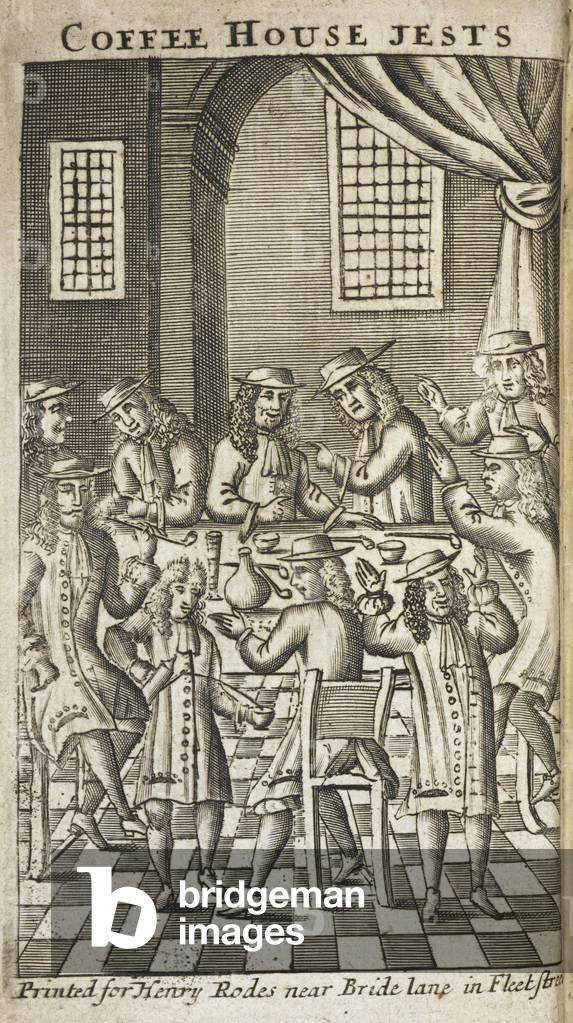 "Eine Szene in einem Londoner Kaffeehaus aus dem 17. Jahrhundert. Eine Gruppe von Männern", b/w