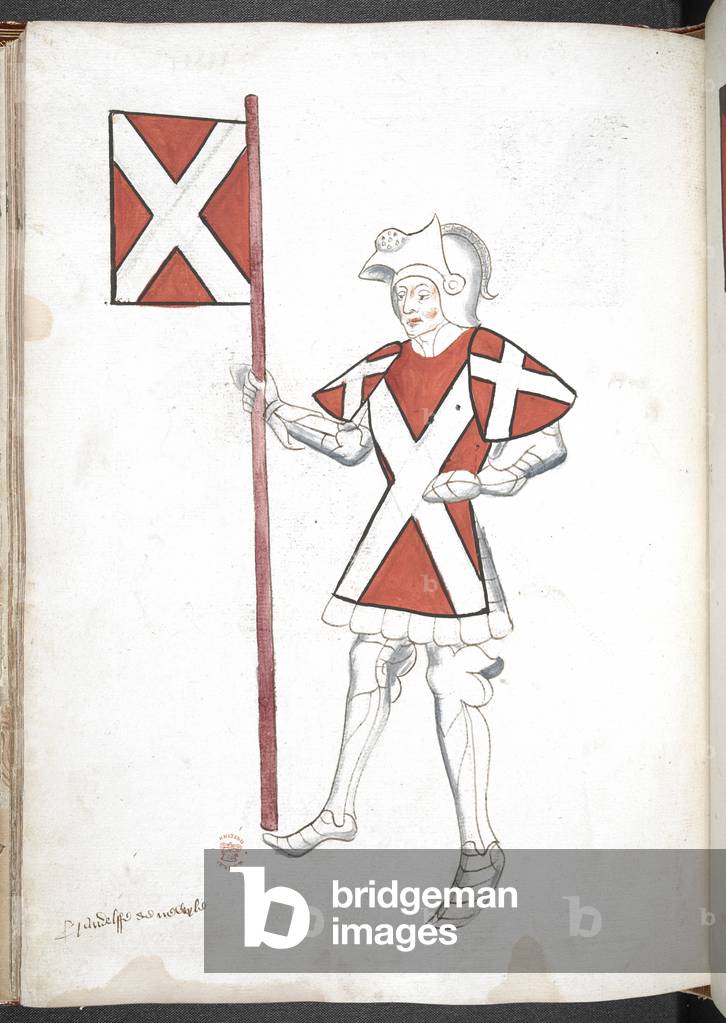 Chevalier, en armure et tabard, tenant une épée et une norme avec une bannière et des bras.
