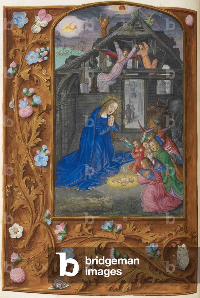 Nativity scene: The Virgin Mary, baby Jesus and angels. A border of trompe l'oeil; flowers and insects.