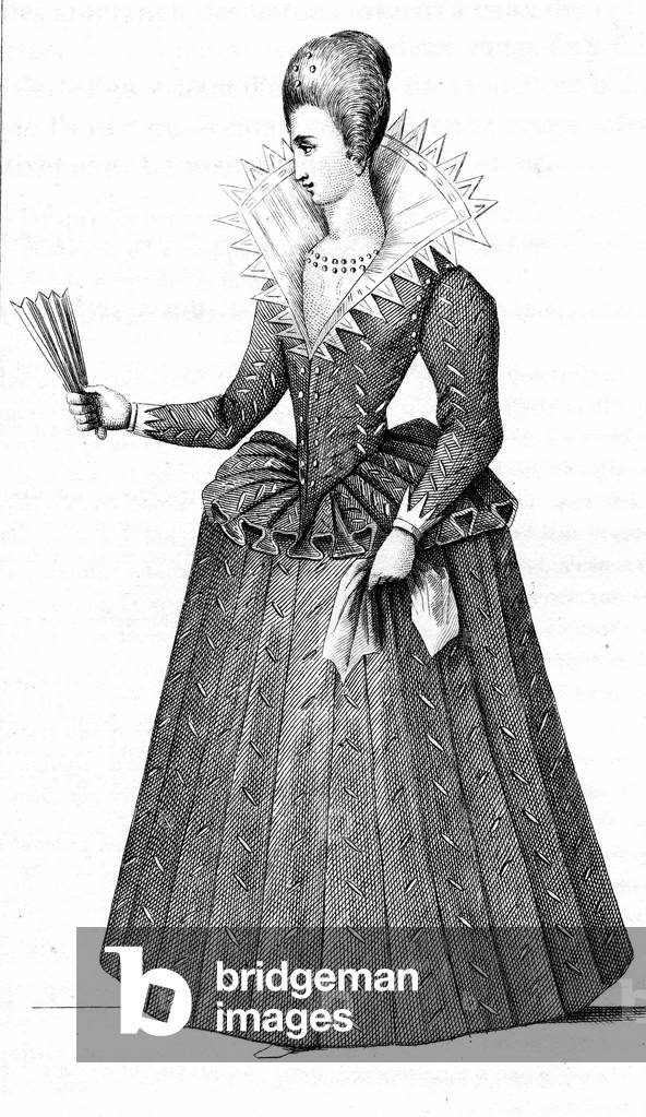 Image of Drawing depicting French vintage clothes XVI century Henri kingdom IV, b/w