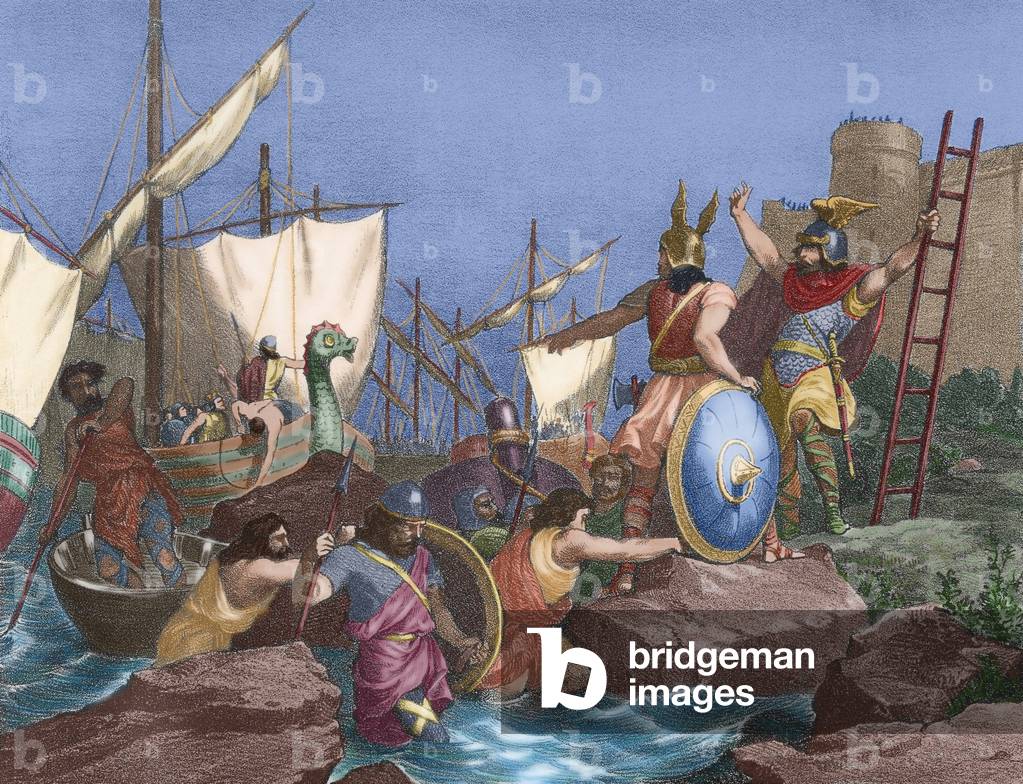 Sisebut (c.565-621) sbarco a Tangeri (incisione colorata)