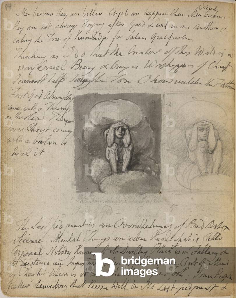 Emblem 60; brooding man by William Blake, b/w