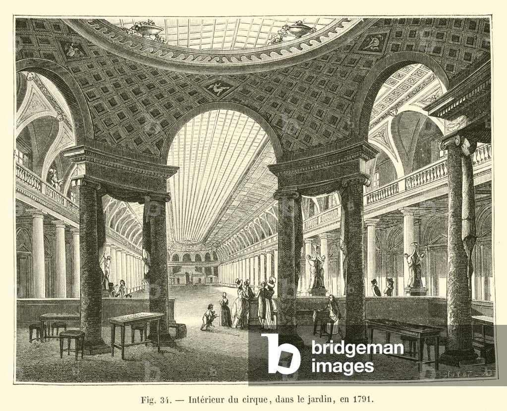 "Interieur du cirque" 1801 di French School, b/w