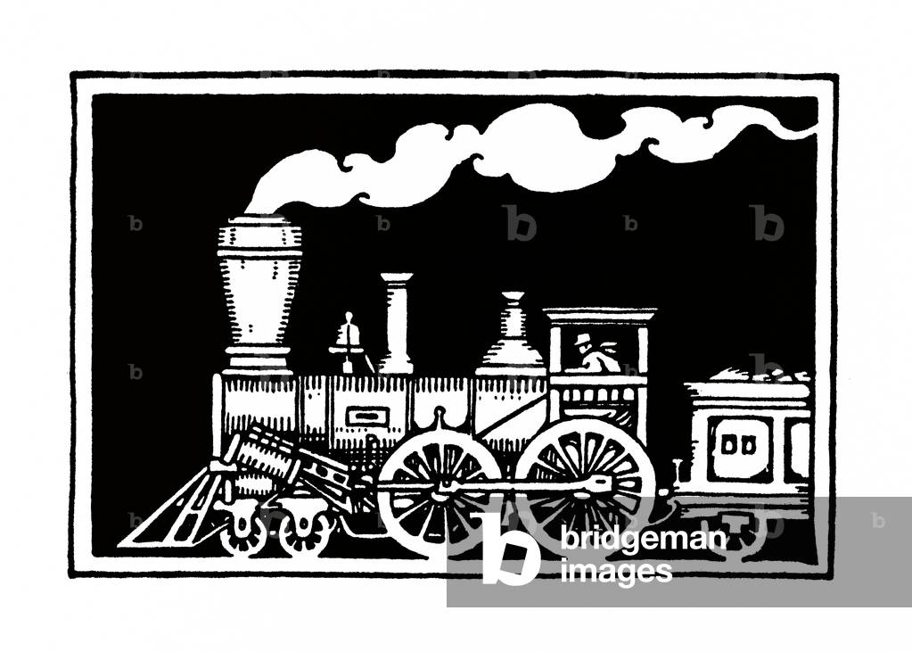 "Vintage Illustration einer Old West Dampfmaschine", 1930 von Unknown Artist, b/w