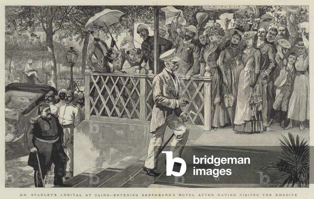 Arrivée de M. Stanley au Caire, entrant dans l'hôtel Shepheard après avoir visité le Khedive (gravure)