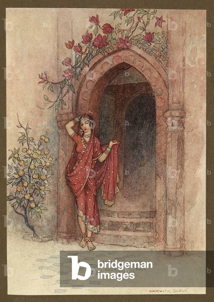 "Piatto 5: “Alla porta di cui si trovava una signora di squisita bellezza”" 1914 di Warwick Goble, b/w