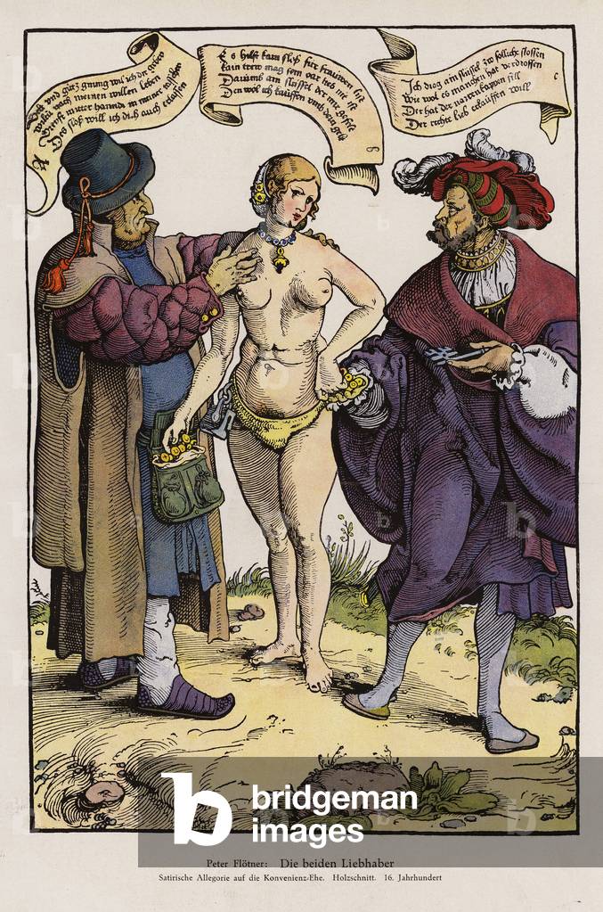 The two lovers, a satirical allegory on marriages of convenience (colour litho)