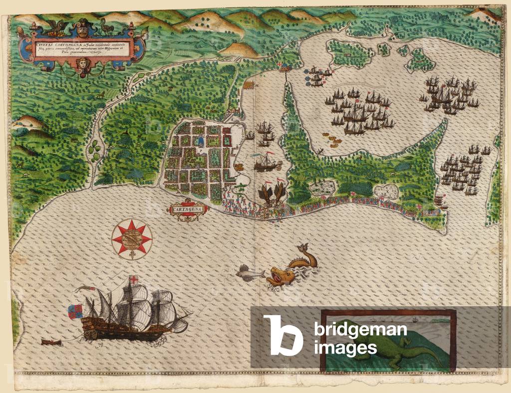 Cartegena, da Drake's West Indian Voyage 1585 - 86, pub. 1589 (incisione colorata a mano)