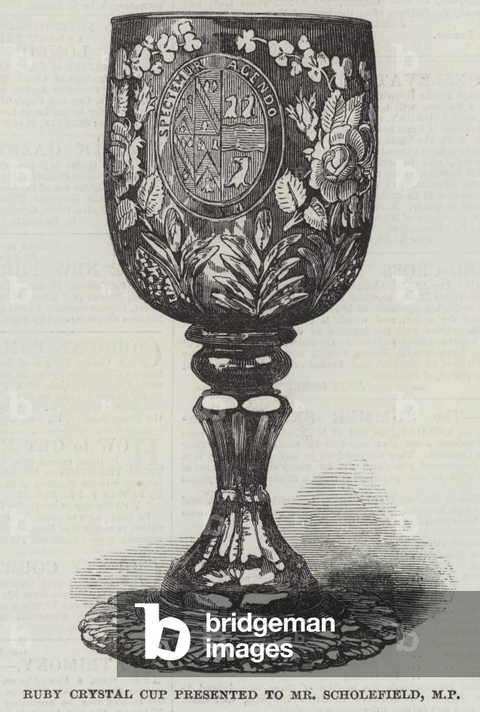 Ruby Crystal Cup presentato al signor Scholefield, MP (incisione)