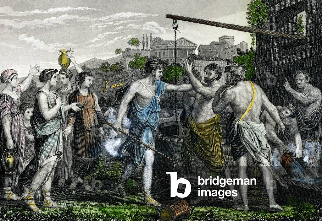 Mosè al pozzo che difende le figlie del Sacerdote di Madian dai pastori, 1851 (incisione)